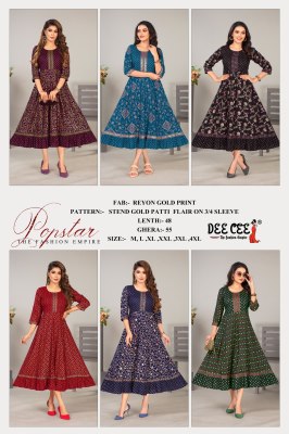 Popstar by deecee reyon gold printed gold patti with flared kurti catalogue at low rate kurtis catalogs