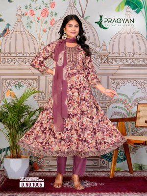 Pragyan Glamour Vol 1 Premium Anarkali Gown Set Rayon Top  Plain Bottom  Embroidered Dupatta fancy Anarkali suit catalogs