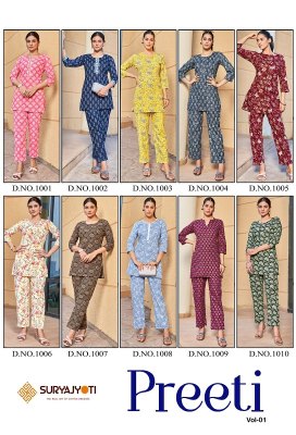 Preeti Vol 1 by Suryajyoti Pure cotton printed Co ord set catalogue at affordable rate Size wise Combo Set