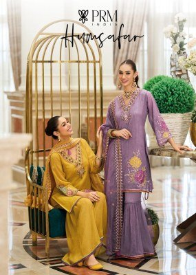 Prem Trend Hamsafar Orgenza Crush Emboss Print Sharara Set with Handwork And Dupatta Wholesale Prm Trendz