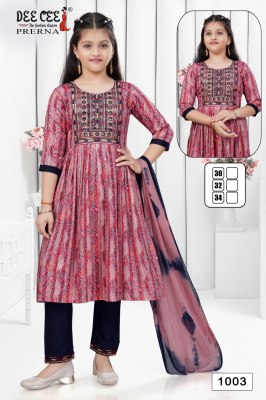 Prerna by deecee reyon printed nayra cut kurti pant and dupatta catalogue readymade suit catalogs