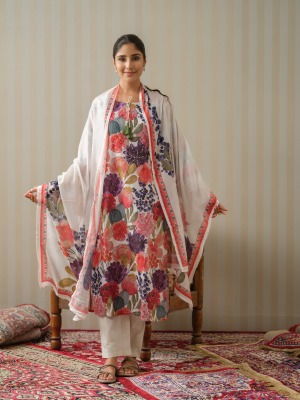 Psyna present designe no 2414 linen flower pattern flared dupatta catlogue at low rate Psyna