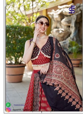 Pure Ajrakh Cotton Handblock  8 mtr Flair  Lehngha Blouse Full Stich Sleeve in side 10  lehenga choli