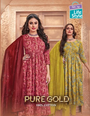 Pure Gold mcm lifestyle long flared kurti with bottom and dupatta catalogue Mcm life style 