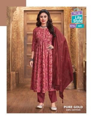 Pure Gold mcm lifestyle long flared kurti with bottom and dupatta catalogue fancy Anarkali suit catalogs