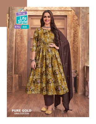 Pure Gold mcm lifestyle long flared kurti with bottom and dupatta catalogue fancy Anarkali suit catalogs