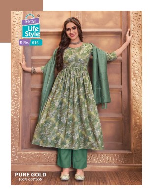 Pure Gold mcm lifestyle long flared kurti with bottom and dupatta catalogue fancy Anarkali suit catalogs