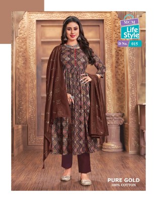 Pure Gold mcm lifestyle long flared kurti with bottom and dupatta catalogue fancy Anarkali suit catalogs