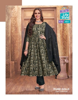 Pure Gold mcm lifestyle long flared kurti with bottom and dupatta catalogue fancy Anarkali suit catalogs