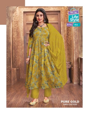 Pure Gold mcm lifestyle long flared kurti with bottom and dupatta catalogue fancy Anarkali suit catalogs