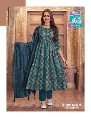 Pure Gold mcm lifestyle long flared kurti with bottom and dupatta catalogue fancy Anarkali suit catalogs