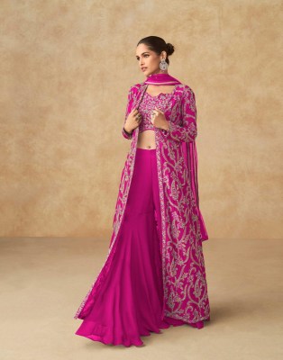 Purple by Aashirwad Creation Real Georgette Top sharara with Shrug Collection at amavi expo lehenga choli catalogs
