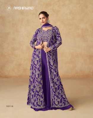 Purple by Aashirwad Creation Real Georgette Top sharara with Shrug Collection at amavi expo lehenga choli catalogs