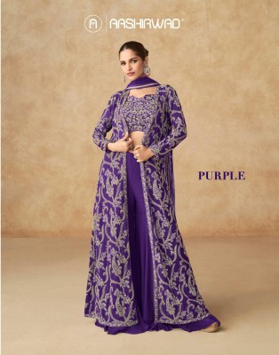 Purple by Aashirwad Creation Real Georgette Top sharara with Shrug Collection at amavi expo lehenga choli catalogs