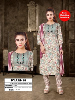 Pyari  18 Heavy Capsule Printed Kurti Pant Dupatta Lowest price Kurti design 3 piece  wholesale catalogs