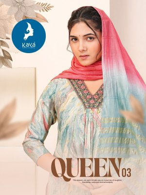 Queen 3 by Kaya Chanderi Fancy Nyra cut Foil printed kurti pant and dupatta catalogue at affordable rate readymade suit catalogs