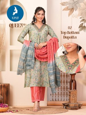 Queen 3 by Kaya Chanderi Fancy Nyra cut Foil printed kurti pant and dupatta catalogue at affordable rate readymade suit catalogs