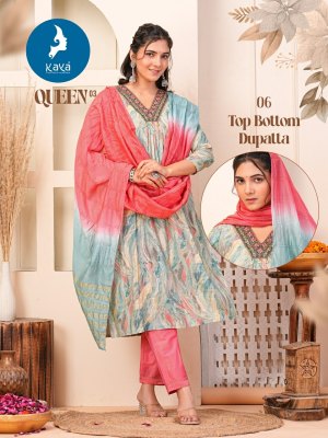 Queen 3 by Kaya Chanderi Fancy Nyra cut Foil printed kurti pant and dupatta catalogue at affordable rate readymade suit catalogs