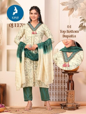 Queen 3 by Kaya Chanderi Fancy Nyra cut Foil printed kurti pant and dupatta catalogue at affordable rate readymade suit catalogs