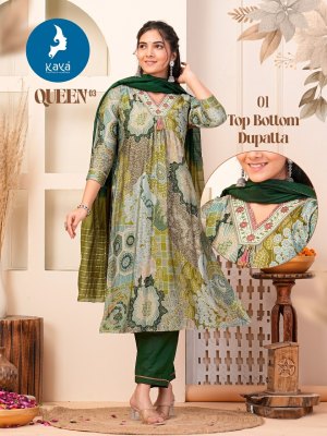 Queen 3 by Kaya Chanderi Fancy Nyra cut Foil printed kurti pant and dupatta catalogue at affordable rate readymade suit catalogs