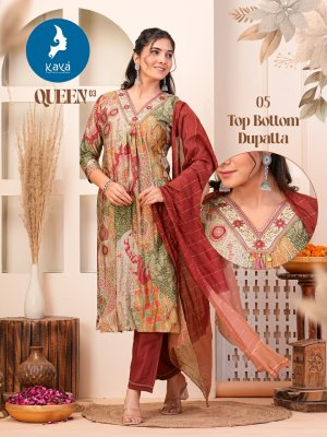 Queen 3 by Kaya Chanderi Fancy Nyra cut Foil printed kurti pant and dupatta catalogue at affordable rate readymade suit catalogs