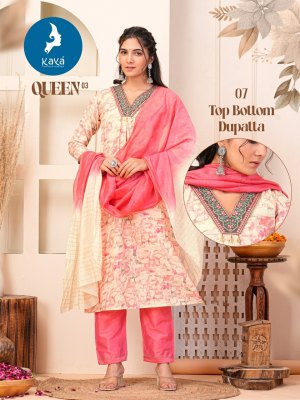 Queen 3 by Kaya Chanderi Fancy Nyra cut Foil printed kurti pant and dupatta catalogue at affordable rate readymade suit catalogs