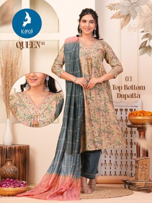 Queen 3 by Kaya Chanderi Fancy Nyra cut Foil printed kurti pant and dupatta catalogue at affordable rate readymade suit catalogs