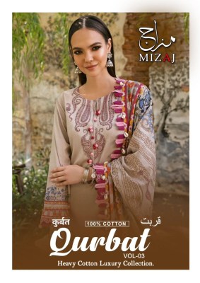 Qurbat vol 4 by Mizaj pure heavy cotton karachi suit collection at affordable rate Karachi suits catalogs