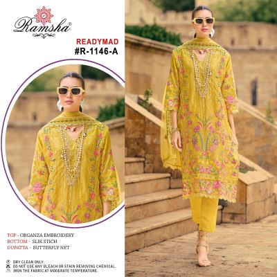 R 1146 by Ramsha organza embroidered readymade pakistani suit catalogue at affordable rate readymade suit catalogs