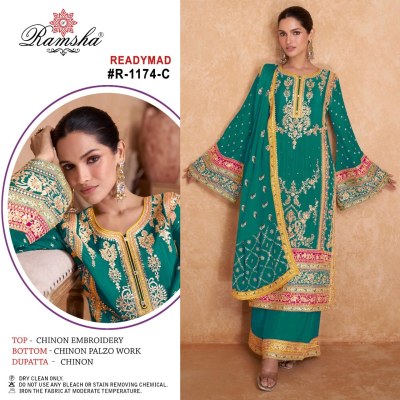 R-1174nx by Ramsha Chinon Embroidered fancy kurti pant and dupatta catalogue at affordable rate readymade suit catalogs