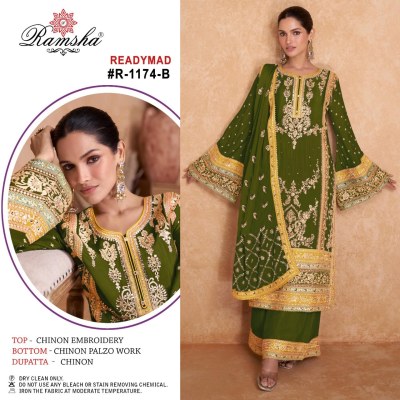 R-1174nx by Ramsha Chinon Embroidered fancy kurti pant and dupatta catalogue at affordable rate readymade suit catalogs