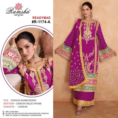 R-1174nx by Ramsha Chinon Embroidered fancy kurti pant and dupatta catalogue at affordable rate readymade suit catalogs