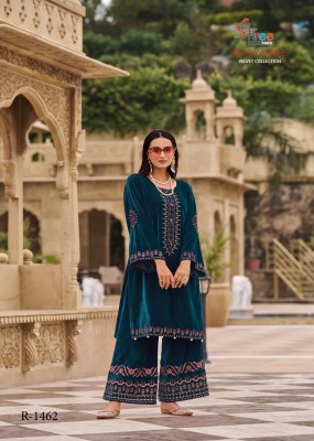 R 1462 by Shree fab Designer Velvet Neck embroidered kurti and pant catalogue at affordable rate  Size wise Combo Set