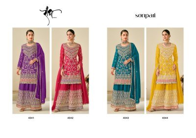 Radha Trendz Sonpari Premium Chinon Embroidered Suit Set Designer Top Plazo And Dupatta Wholesale dress material catalogs