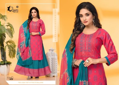 Radhika 4 by kinti fancy reyon printed kurti skirt and dupatta at wholesale rate kurtis catalogs