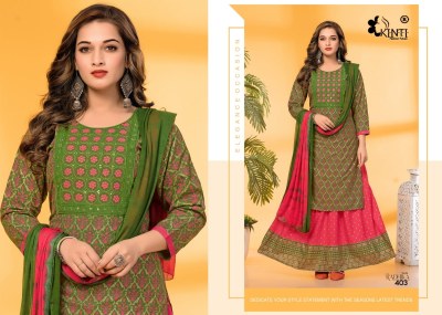 Radhika 4 by kinti fancy reyon printed kurti skirt and dupatta at wholesale rate kurtis catalogs