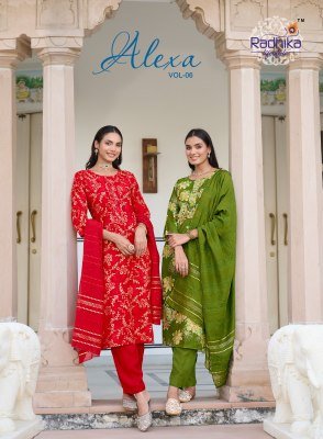 Radhika Alexa Vol 6 Kurti Pant with Dupatta Vertican Silk Foil Print Handwork with Muslin Jacquard Dupatta Wholesale Radhika Lifestyle