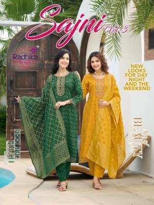 Radhika Life Style Sajni Vol 3 Rayon Print Kurti Pant Set with Banarasi Jacquard Dupatta And Embroidery Work Product And Wholesale Radhika Lifestyle