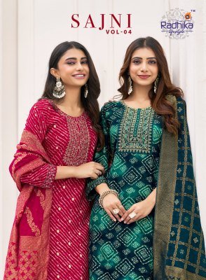 Radhika Life Style Sajni Vol 4 Rayon Kurti Pant with Dupatta Set with Banarasi Jacquard Dupatta And Embroidery Product Wholesale Radhika Lifestyle