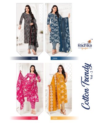 Radhika Life Style Trendy Vol 2 Pure Cotton Print Embroidery Work Kurti Pant And Dupatta Wholesale  kurtis catalogs