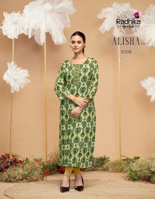 Radhika Lifestyle Alisha Vol 3 LIVA Certified Rayon Printed Kurti Fabric with Designer Work Wholesale kurtis catalogs