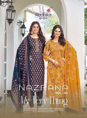 Radhika Lifestyle Nazrana Vol 3 Jam Satin Discharge Print Top with Embroidery, Jam Satin Bottom And Modal Discharge Print Dupatta Wholesale wholesale catalogs
