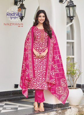Radhika Lifestyle Nazrana Vol 3 Jam Satin Discharge Print Top with Embroidery, Jam Satin Bottom And Modal Discharge Print Dupatta Wholesale kurtis catalogs