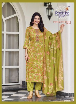 Radhika Lifestyle Nazrana Vol 3 Jam Satin Discharge Print Top with Embroidery, Jam Satin Bottom And Modal Discharge Print Dupatta Wholesale kurtis catalogs