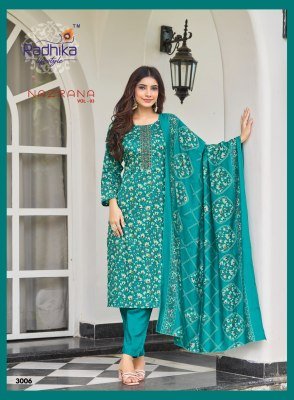 Radhika Lifestyle Nazrana Vol 3 Jam Satin Discharge Print Top with Embroidery, Jam Satin Bottom And Modal Discharge Print Dupatta Wholesale kurtis catalogs