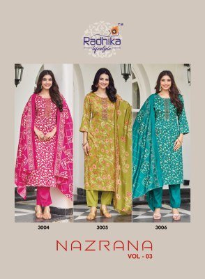 Radhika Lifestyle Nazrana Vol 3 Jam Satin Discharge Print Top with Embroidery, Jam Satin Bottom And Modal Discharge Print Dupatta Wholesale kurtis catalogs