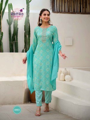 Radhika Lifestyle Siri Vol 4 Kurti Pant Dupatta set  Reyon capsule  foil print  and Chanderi Jacquard Dupatta Wholesale kurtis catalogs