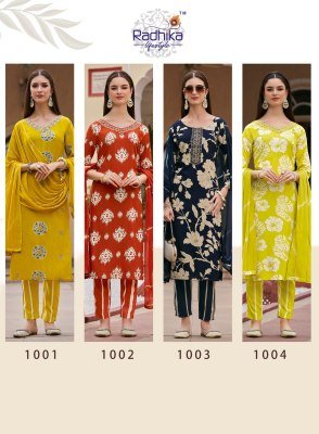 Radhika Lifestyle Siya Vol 1 Heavy Discharge Rayon Foil Print Kurti Set with Embroidery Pant And Chiffon Dupatta Whoolesale kurtis catalogs