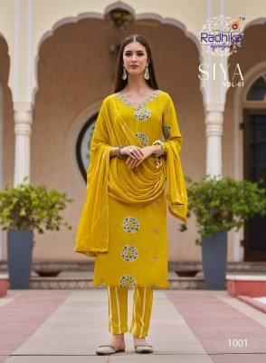 Radhika Lifestyle Siya Vol 1 Heavy Discharge Rayon Foil Print Kurti Set with Embroidery Pant And Chiffon Dupatta Whoolesale kurtis catalogs