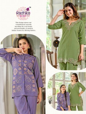 Radhika Lifestyle Twinkle Vol 1 Cord Set Roman Schimmer Fabric with Elegant Work Top And Pant Combo Wholesale co ord set catalogs